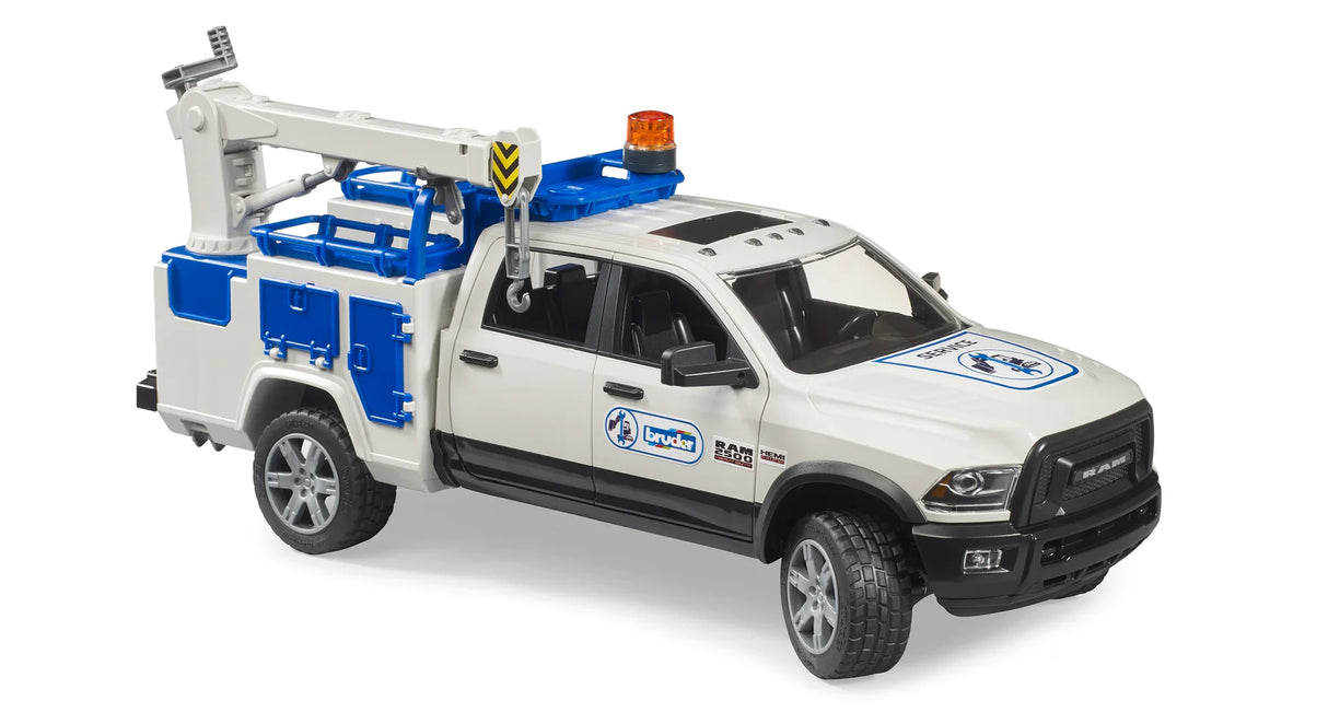 RAM 2500 Service Truck model with extendable crane, storage compartments, and rotating beacon light in white and blue design.