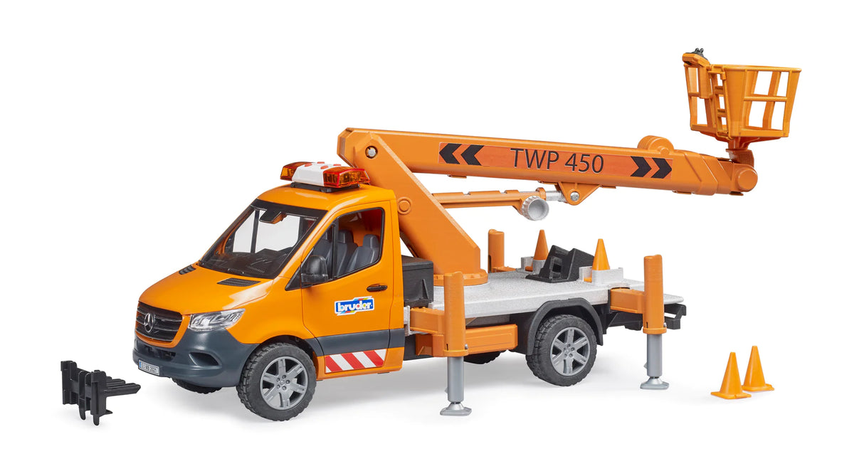 MB Sprinter w/ Platform toy vehicle with extendable crane, stabilizers, pylons, and Light & Sound module for safe play.