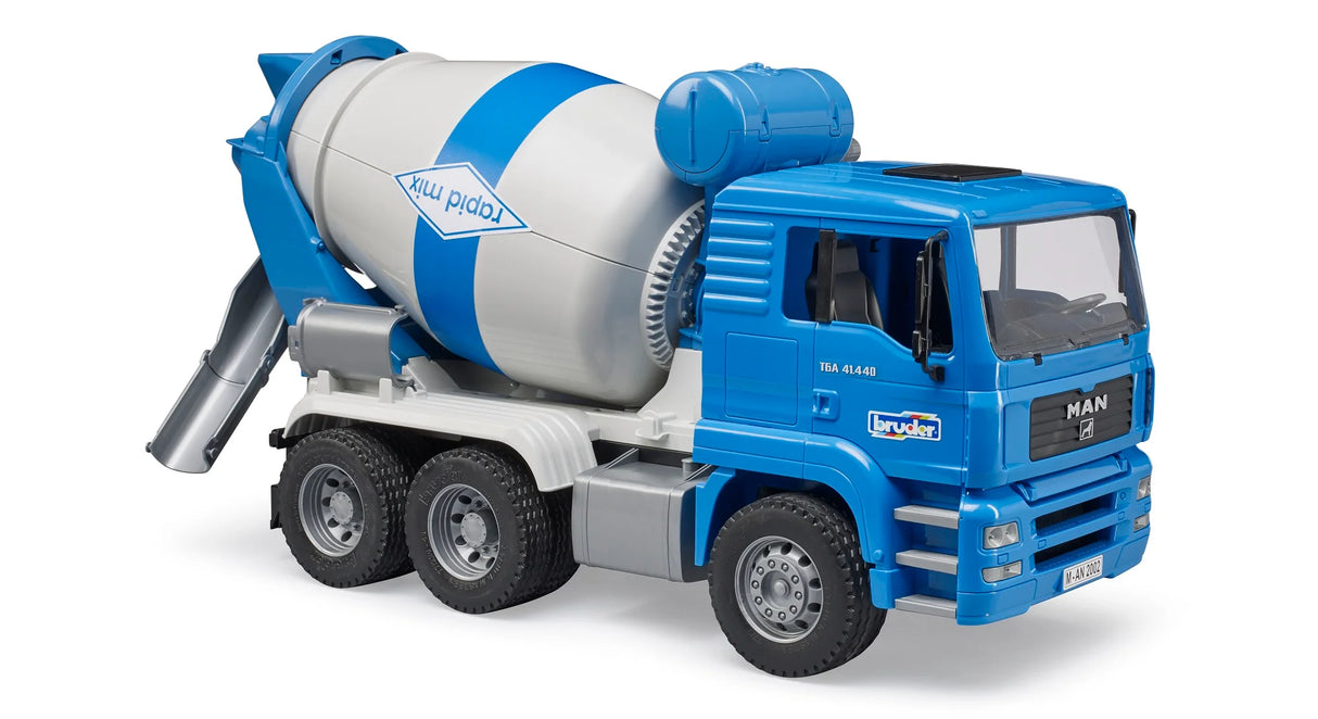 Blue and gray toy cement mixer truck with rotating drum, detailed cabin, and six wheels on white background