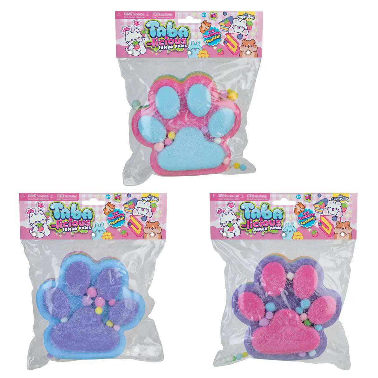 Taba-licious Jumbo Paws Squishy in assorted colors, a soft, fuzzy paw-shaped stress relief toy in original packaging.