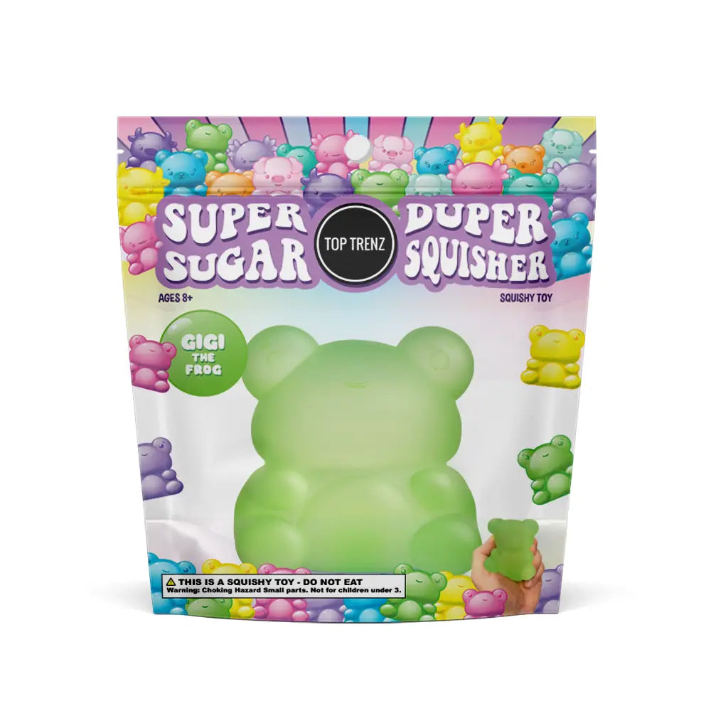 Super Duper Sugar Squisher | Frog packaging featuring Gigi the Frog, a cool-to-touch squishy toy for ages 8+.