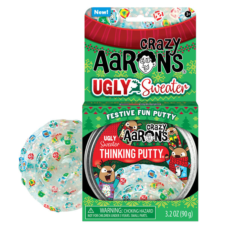 Holiday Ugly Sweater Thinking Putty in festive packaging with colorful holiday-themed putty pieces inside a 3.2oz container.
