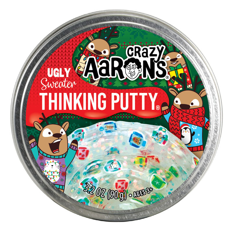 Holiday Ugly Sweater Thinking Putty in festive packaging with colorful reindeer and holiday sweater design.