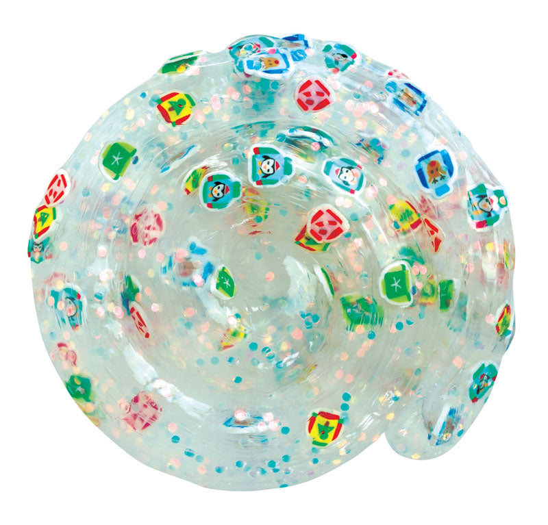 Holiday Ugly Sweater Thinking Putty showing clear putty with colorful festive icons and glitter for tactile sensory play.