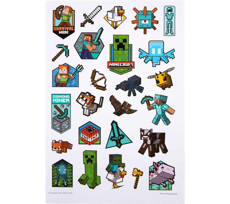 Minecraft Coloring Book exclusive sticker sheet featuring vibrant Minecraft characters and items in pixel art style