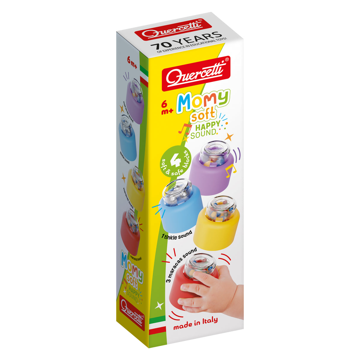 Colorful soft baby toys in purple, blue, yellow, and red with musical sounds for infants aged six months and up