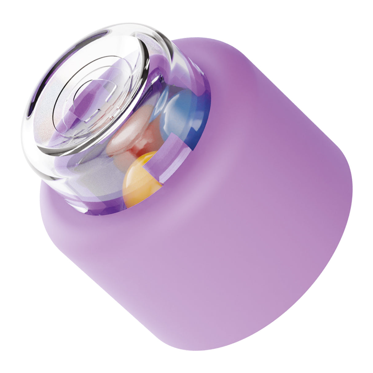 Small purple silicone container with clear lid showing colorful spherical objects inside