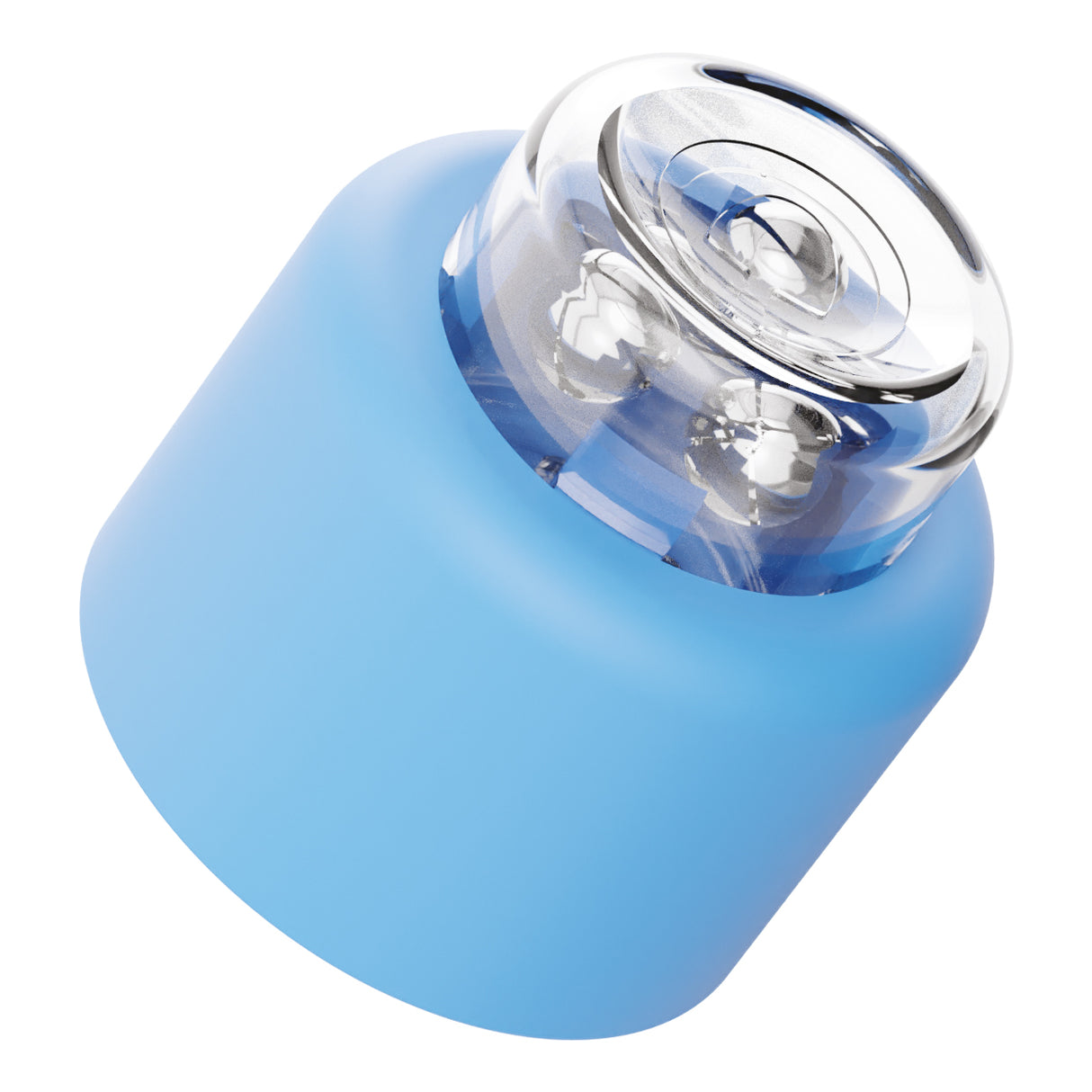 Small blue rounded device with a transparent top showing internal metallic rotating balls