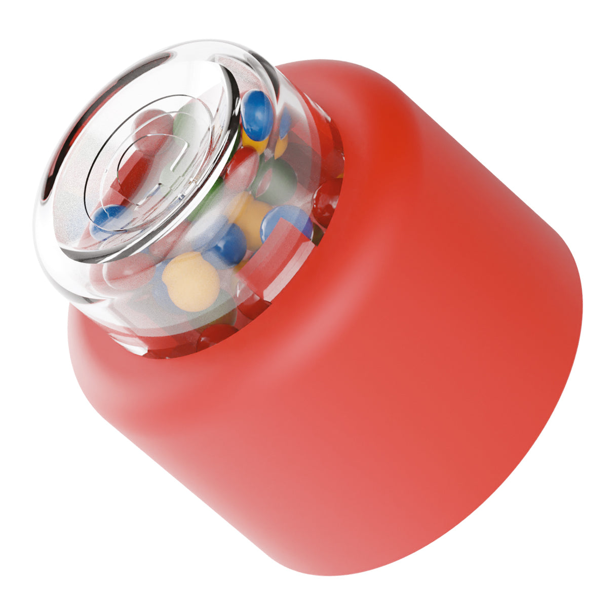 Red rounded device with clear top showing colorful small balls inside for tactile interaction