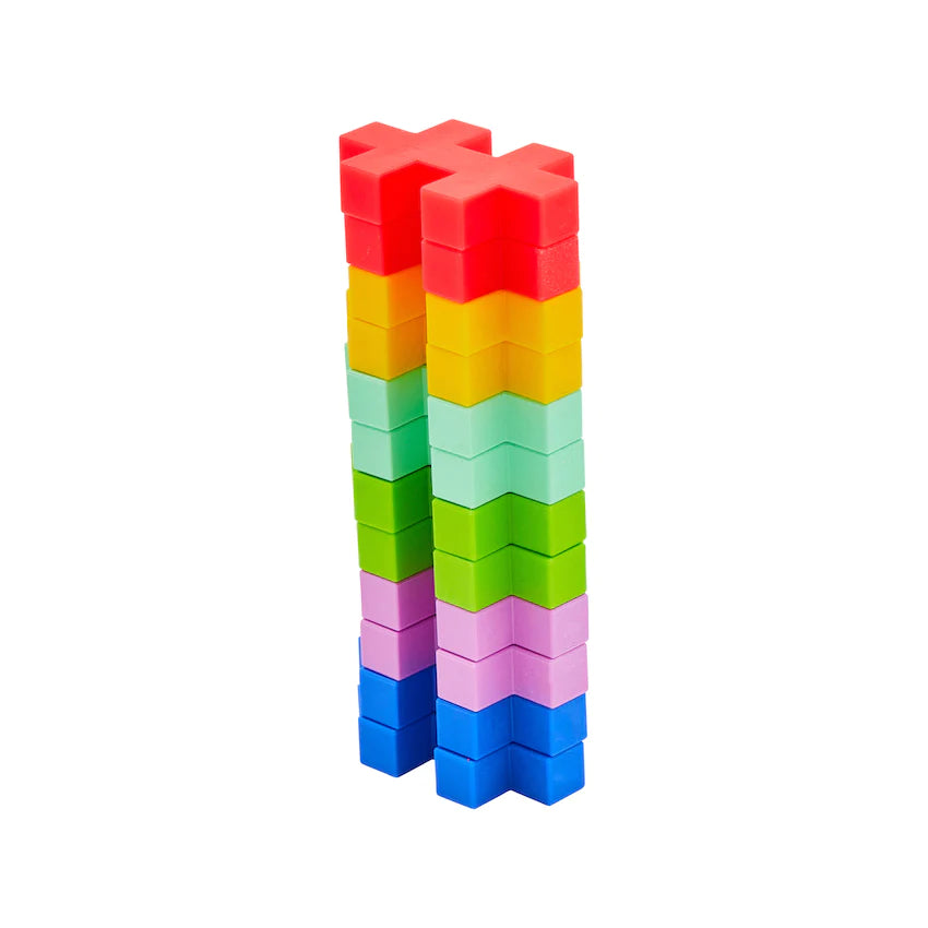 Plus-Plus BIG 15pc Tropical colorful building blocks stacked in two vertical towers on white background.