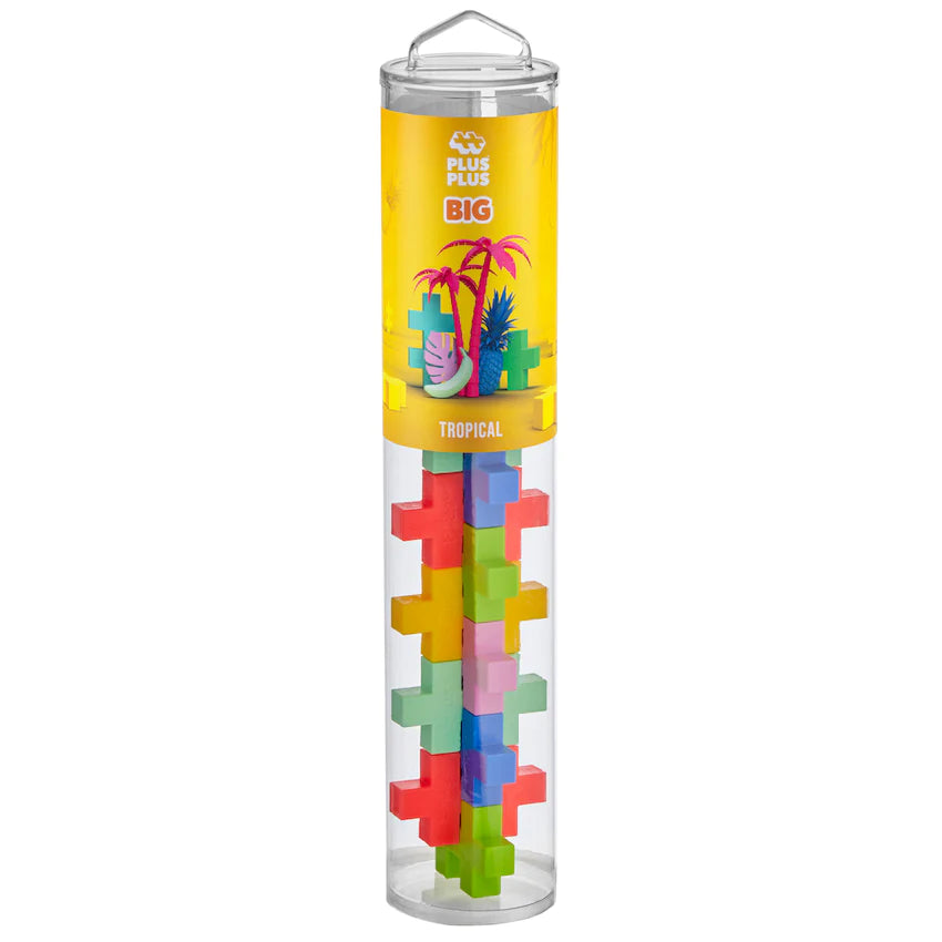 Plus-Plus BIG 15pc Tropical creative building toy set with colorful large interlocking pieces in clear tube packaging.