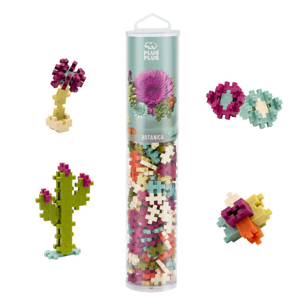 Plus Plus Botanica 240pc building set with plant-inspired colors and assembled flower and cactus models.