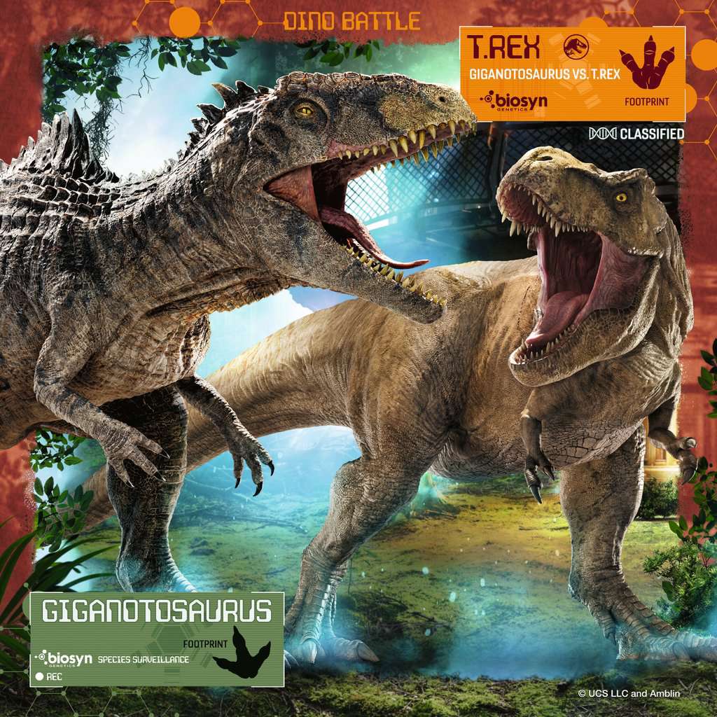 49pc x3 Jurassic World: Dominion Puzzles featuring a fierce Giganotosaurus vs T-Rex dino battle scene.
