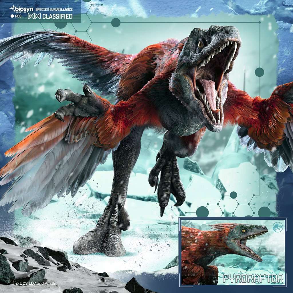 49pc x3 Jurassic World: Dominion Puzzles featuring the feathered Pyroraptor in a snowy prehistoric setting.
