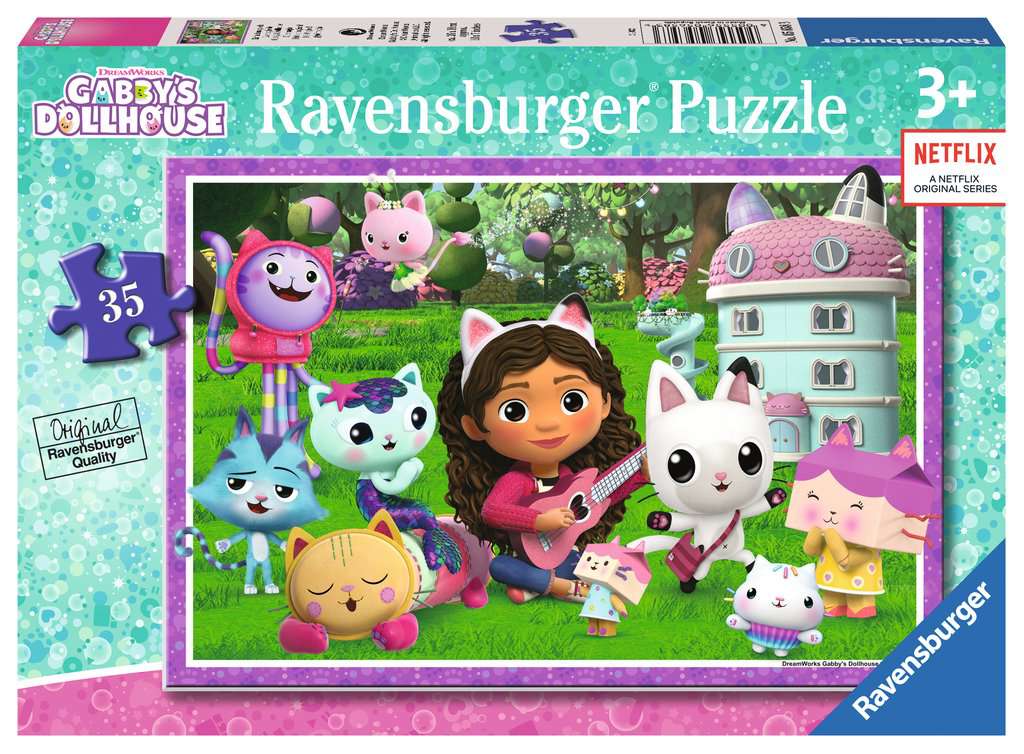 35pc Gabby's Dollhouse Puzzle showing Gabby and Gabby Cats in the magical garden with vibrant colorful pieces.