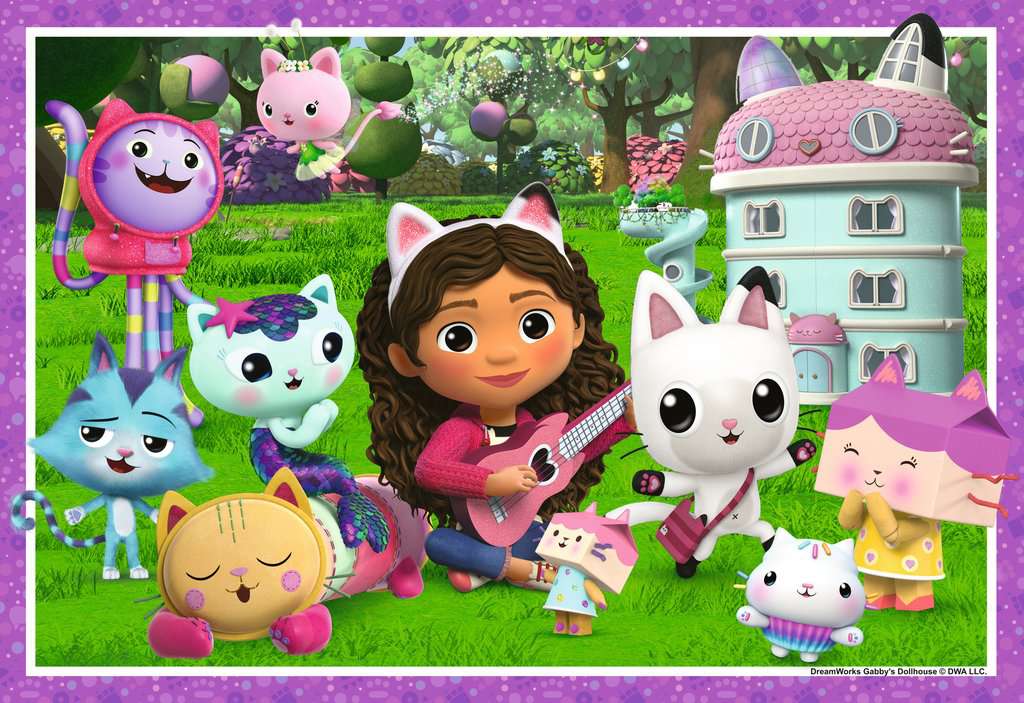 35pc Gabby's Dollhouse Puzzle showing Gabby and Gabby Cats playing music in a colorful magical garden.
