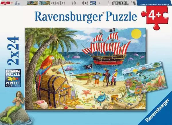 24pc Pirates & Mermaids Puzzles box featuring a pirate ship beach treasure chest and mermaid artwork