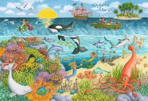 24pc Pirates & Mermaids Puzzles underwater scene with mermaids pirate ship sea creatures coral reef and island