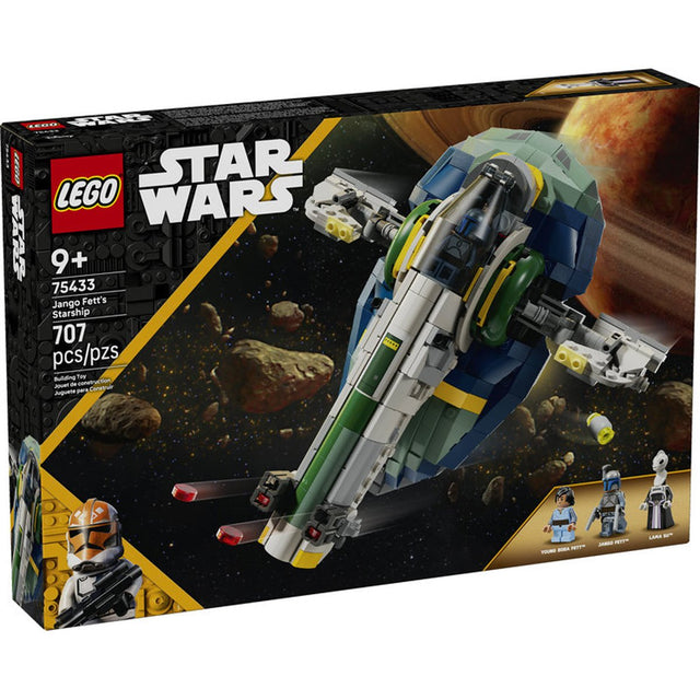 LEGO Star Wars Jango Fett's Starship building set with rotating wings, cockpit, and minifigures for imaginative space battles.