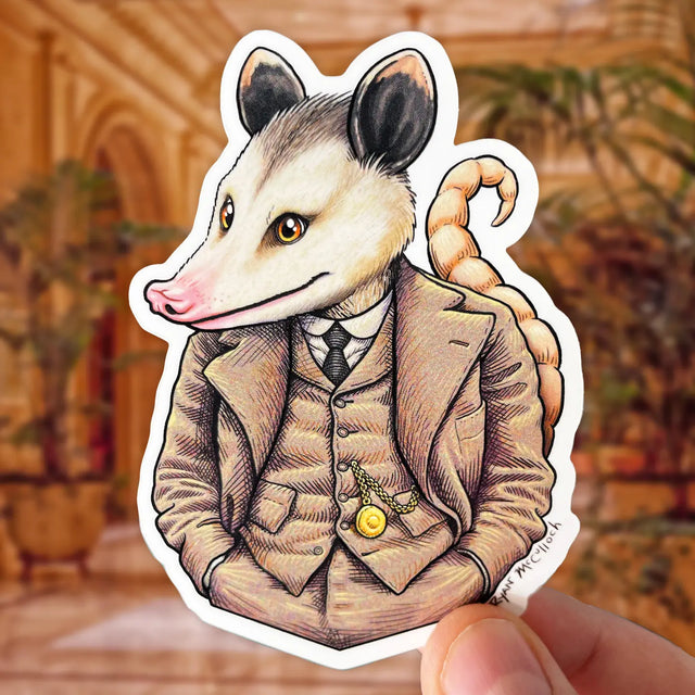 Dapper Possum Sticker featuring a posh opossum in a vintage suit, waterproof and UV protected art by Ryan McCulloch.