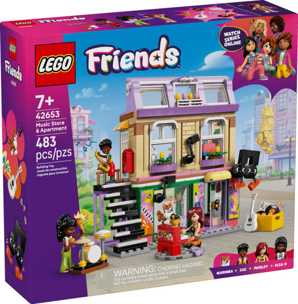 Colorful LEGO Friends Music Store and Apartment building set with mini figures and musical instruments for kids ages 7 and up