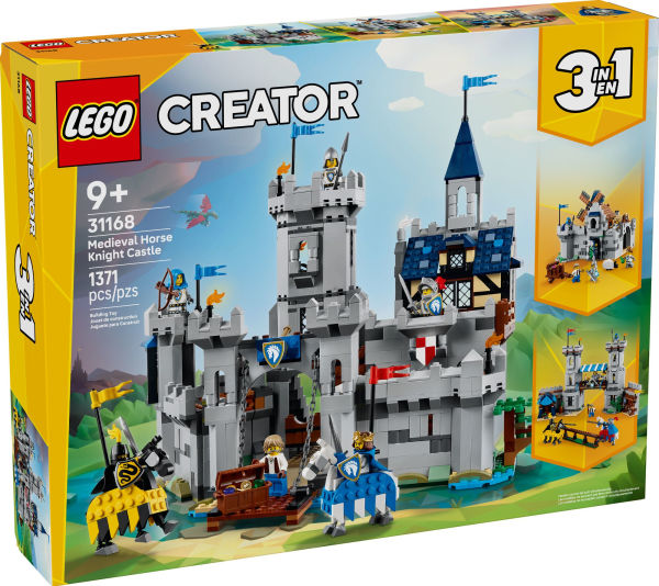 LEGO Creator 3 in 1 Medieval Horse Knight Castle set with knights, horses, and detailed castle building features.