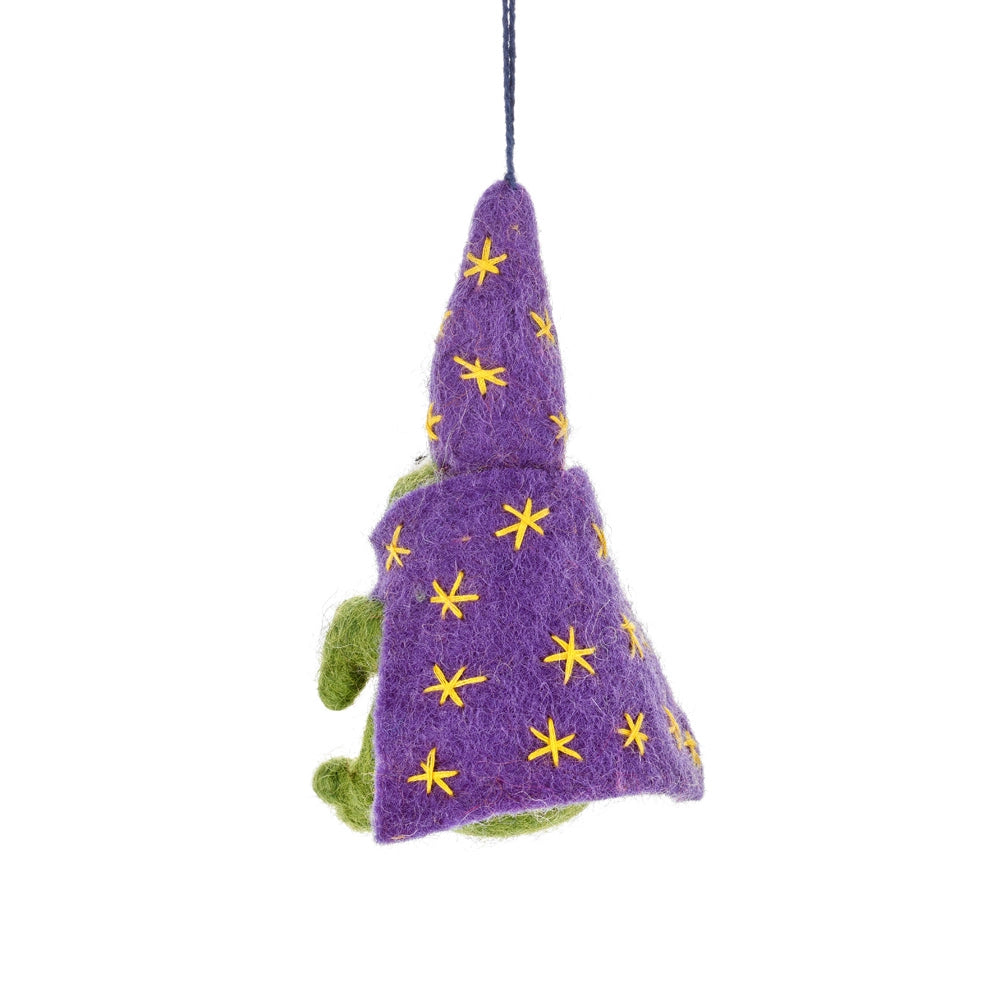 Wizard Frog Felt Ornament with a purple felt wizard hat yellow stars and green frog details