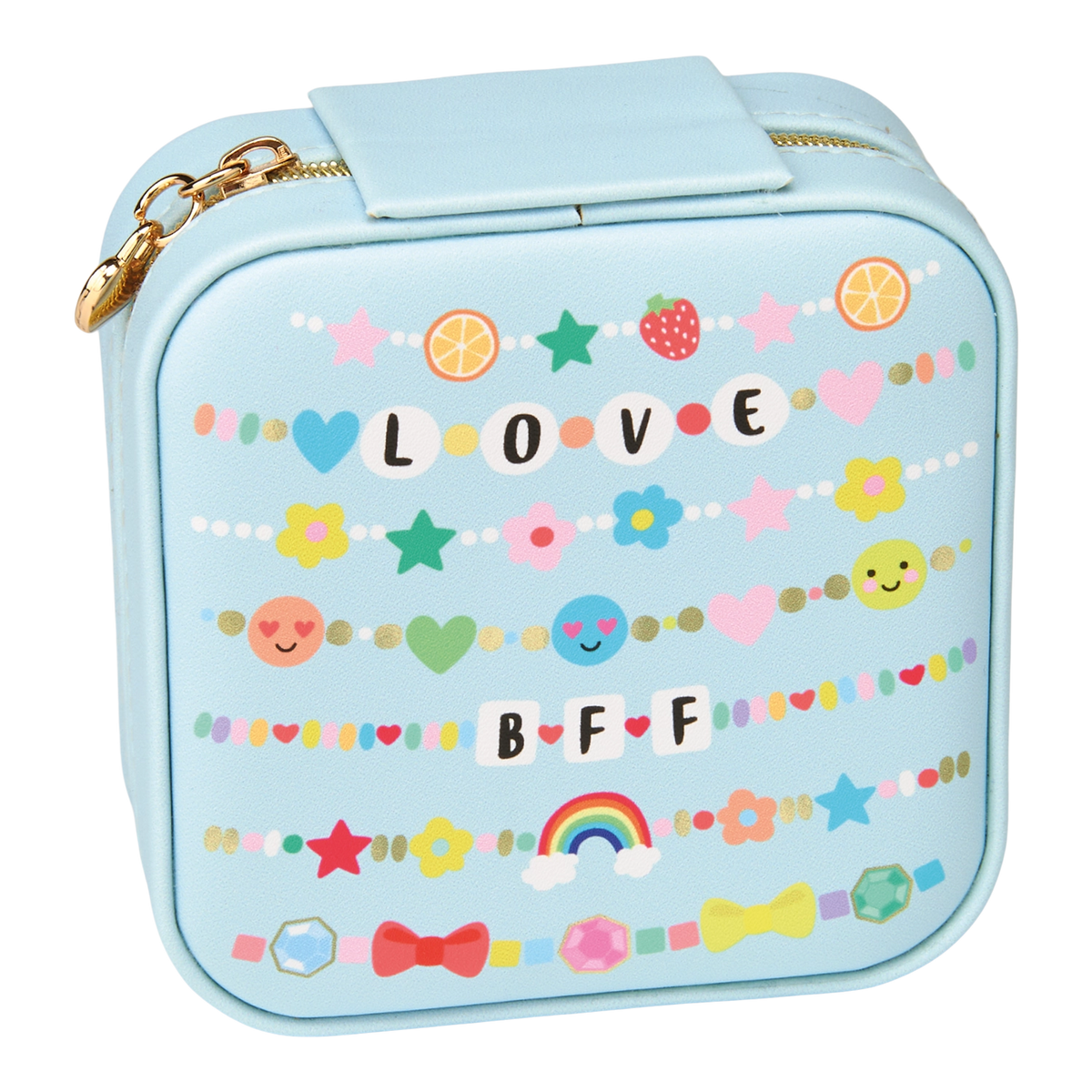 Fashion Friends Jewelry Case in light blue with colorful hearts flowers and stars