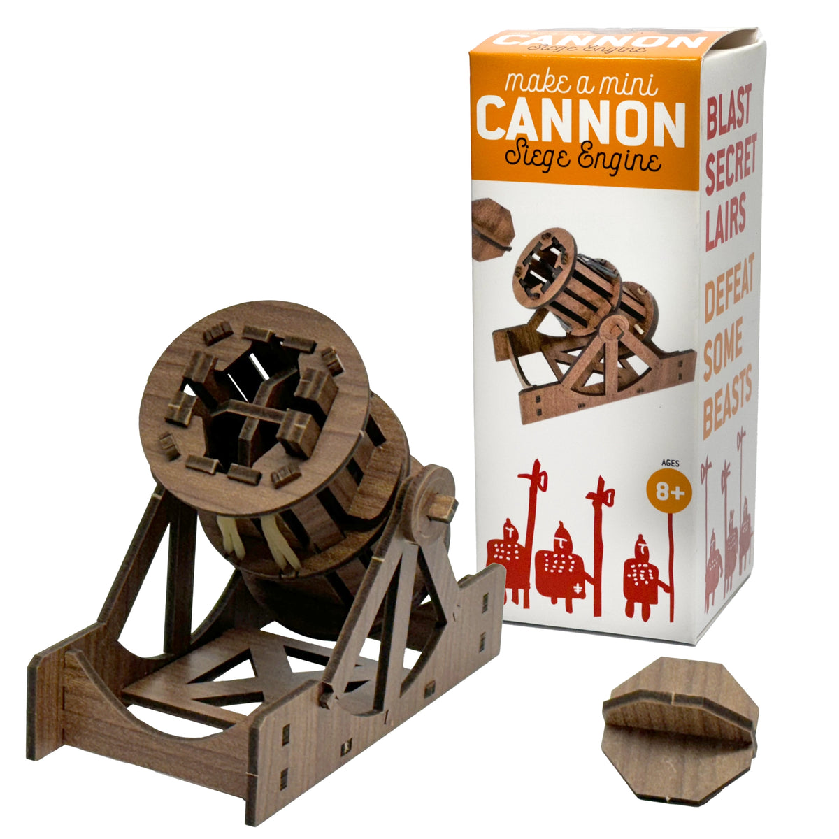 Make a Mini Cannon wooden building kit with assembled cannon, box, and wooden projectile