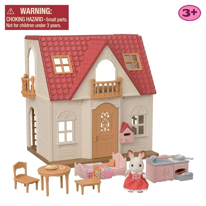 Red Roof Cozy Cottage starter home with red roof, furniture, kitchen, mailbox, and Chocolate Rabbit Girl Freya figure.