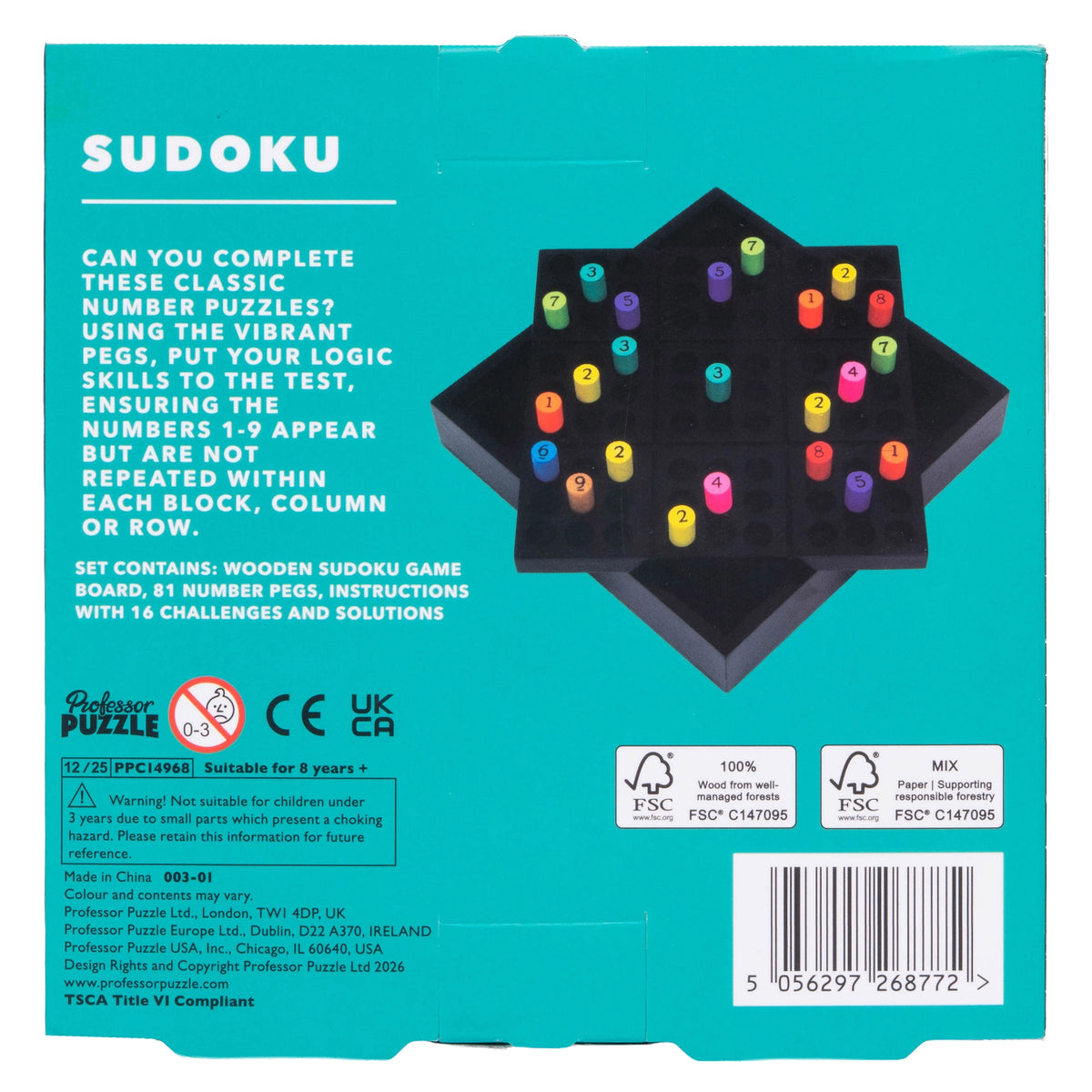 Sudoku game box featuring a colorful wooden peg board with numbered pegs and instructions
