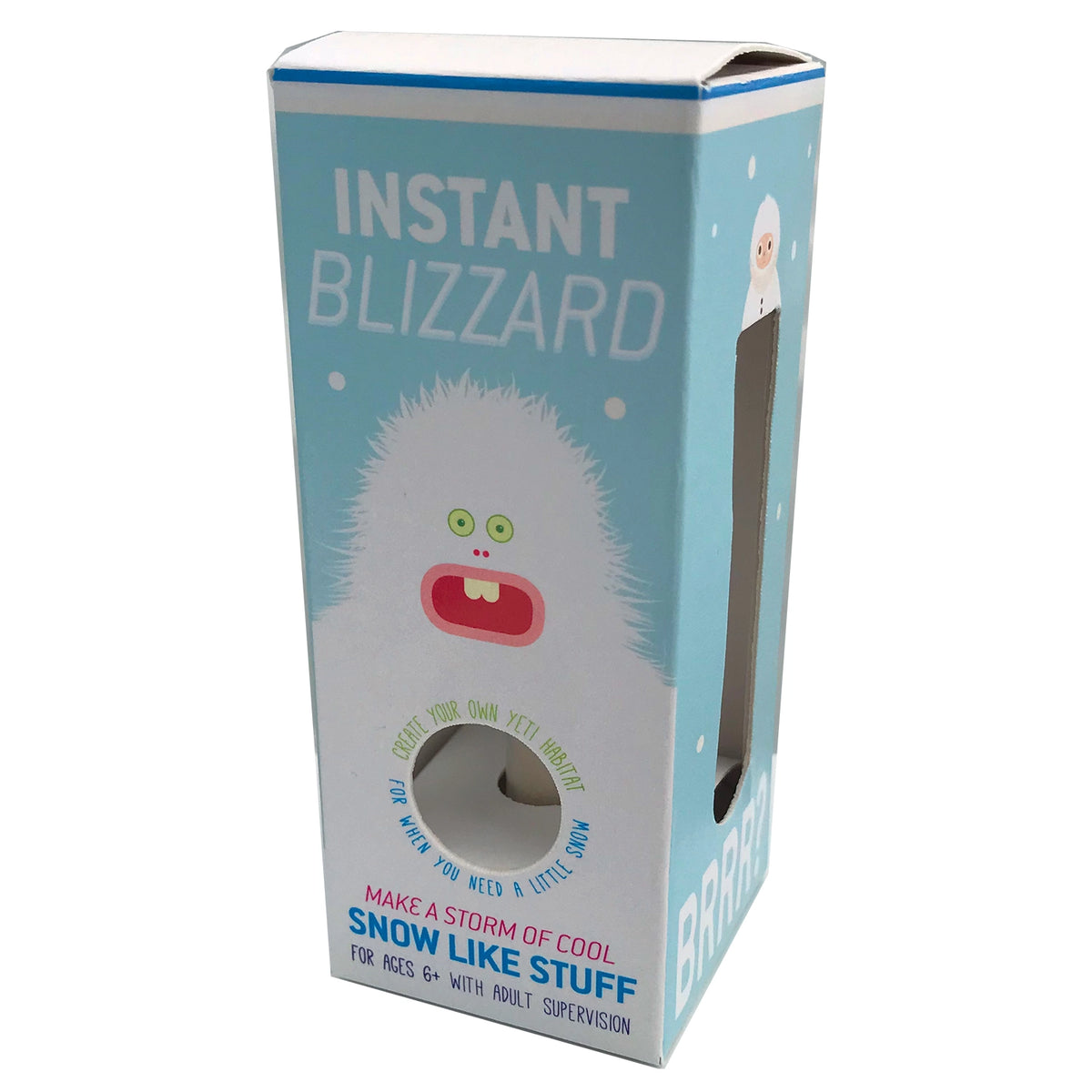 Instant Blizzard: Instant Snow Kit box with playful white monster illustration and snow-making activity design
