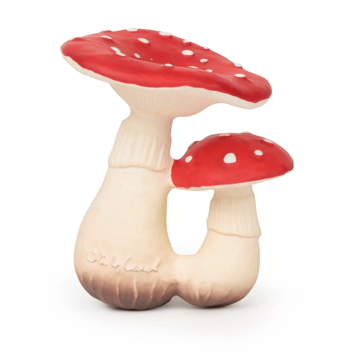 Natural rubber baby teether shaped like two red and white mushrooms, safe and soft for sensory play and teething.