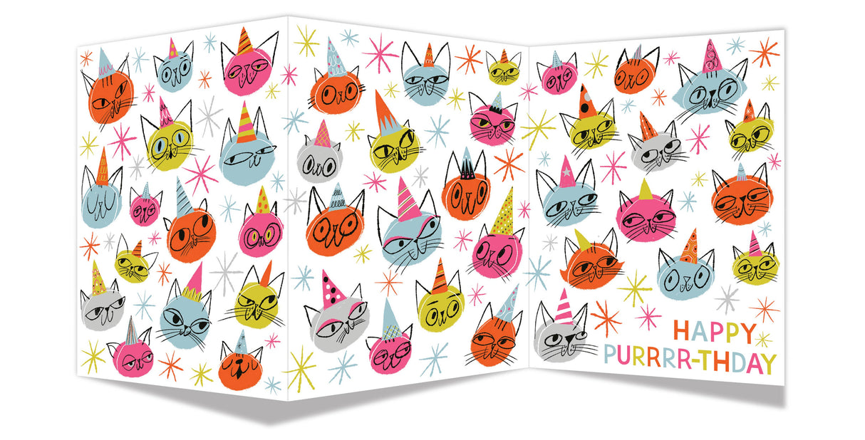 Tri-fold birthday card with colorful cats wearing party hats and cheerful starburst decorations on white background.
