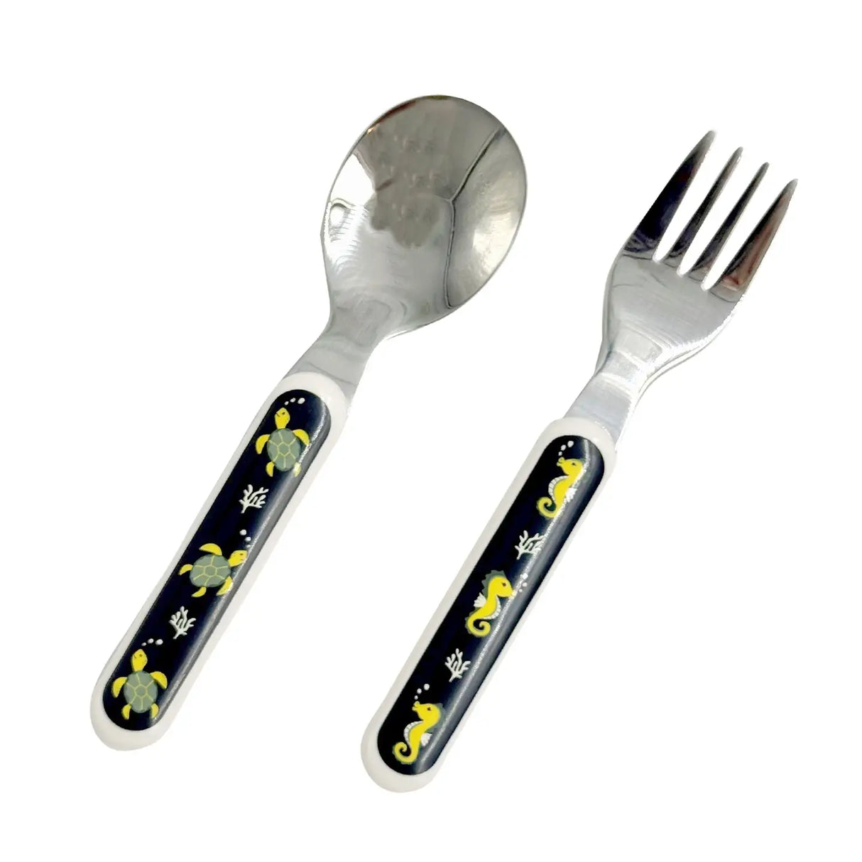 Children’s silverware set with sea turtle and seahorse designs on easy-grip handles for toddlers.