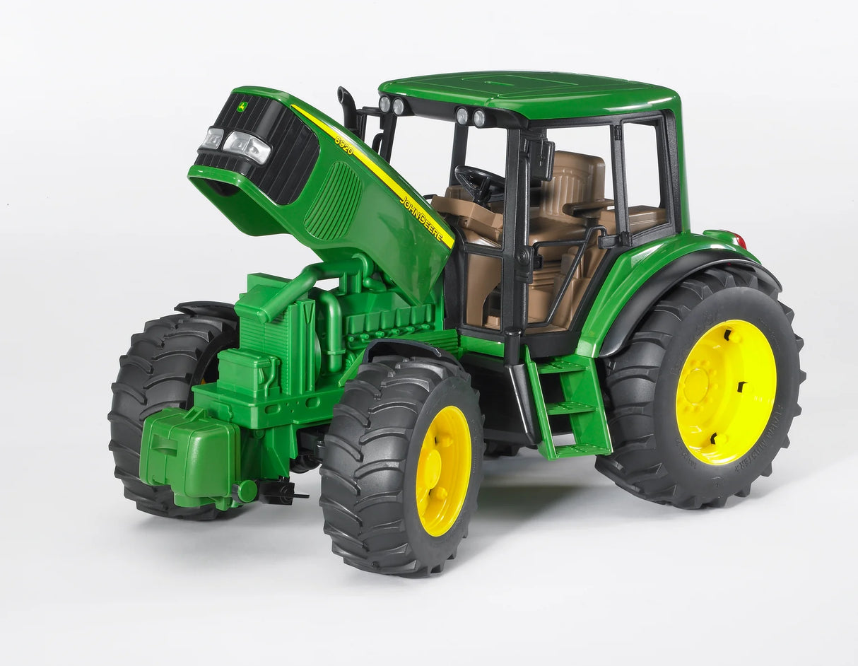 John Deere 6920 & Frontloader toy tractor with open engine hood, detailed cabin, and large tread tires, scale 1:16 model.