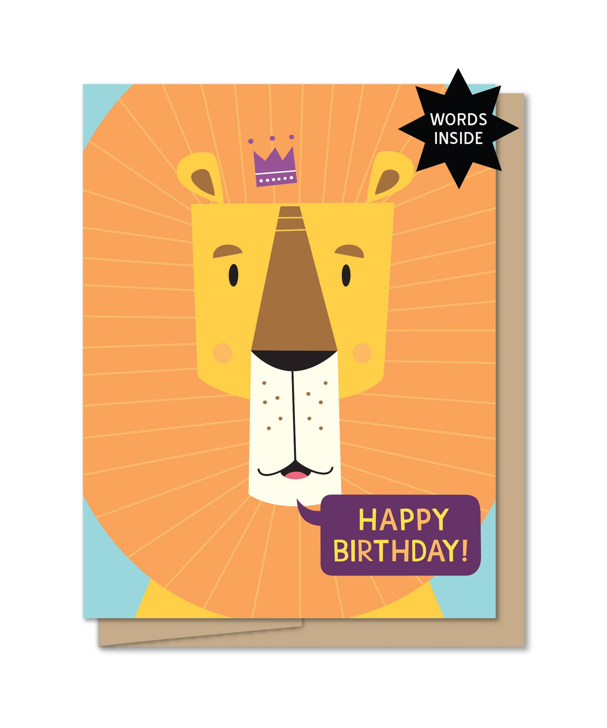 Illustration of a friendly lion wearing a small crown with a speech bubble saying Happy Birthday on a cheerful card cover