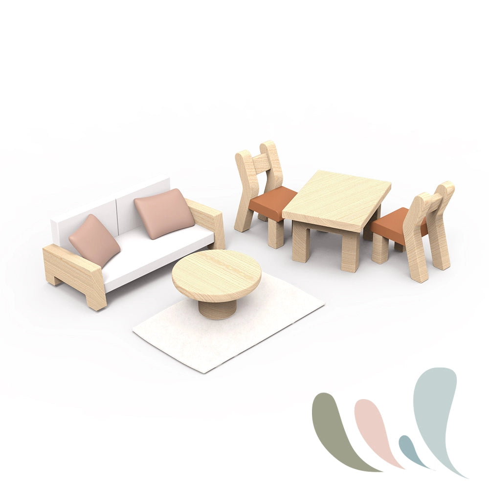 Wooden dollhouse furniture set with table, three chairs, sofa with pillows, coffee table, and white rug