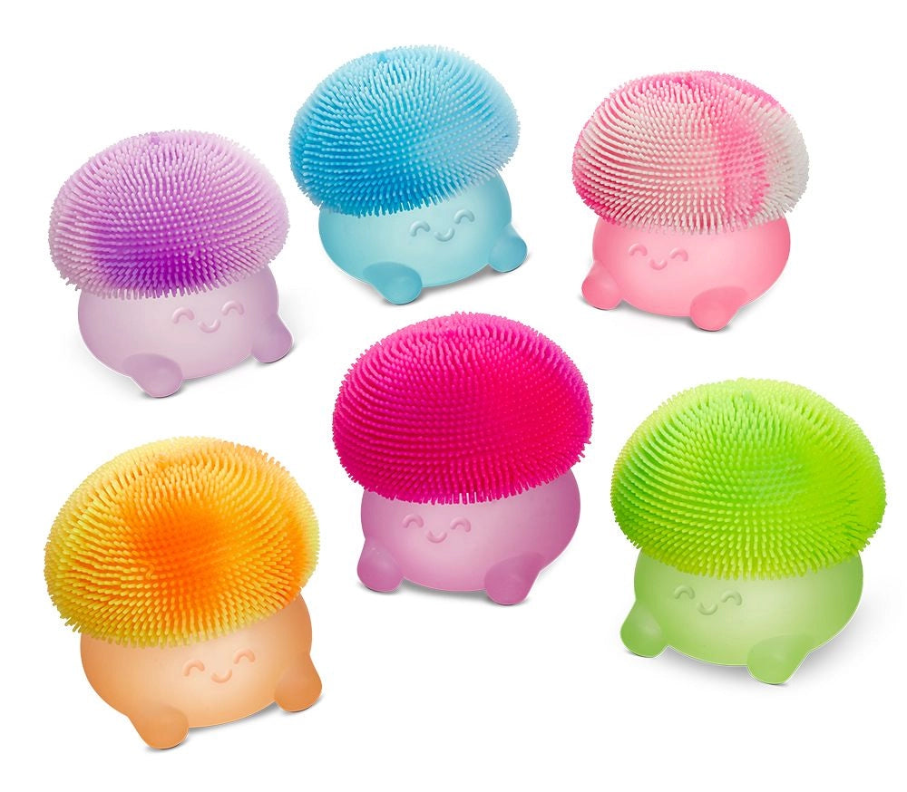 Super Duper Sugar Squisher | Mushroom in assorted colors with fuzzy caps and squishy, bounce-back texture for sensory play.