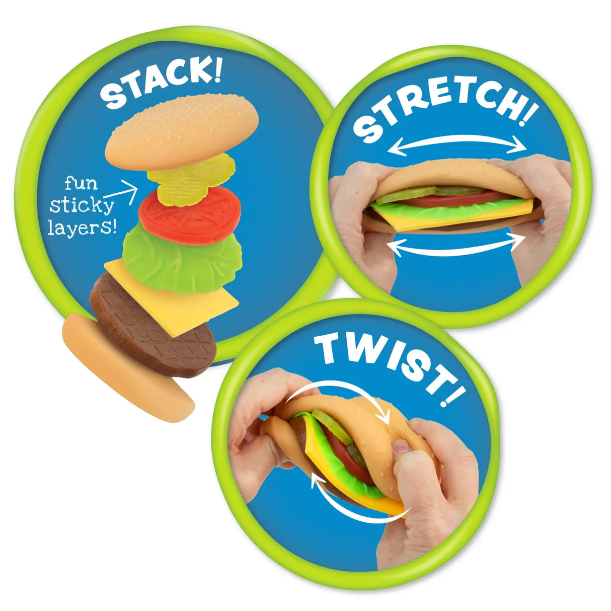 Stretchee Foodz Secret Menu Squishy showing stacking, stretching, and twisting fun with sticky layers in a squishy sandwich toy.