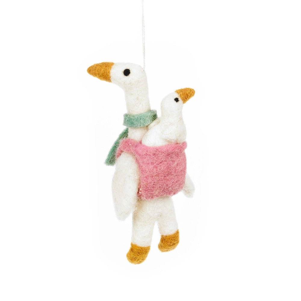 Mother Goose Felt Ornament featuring a goose carrying a gosling in a pink wrap