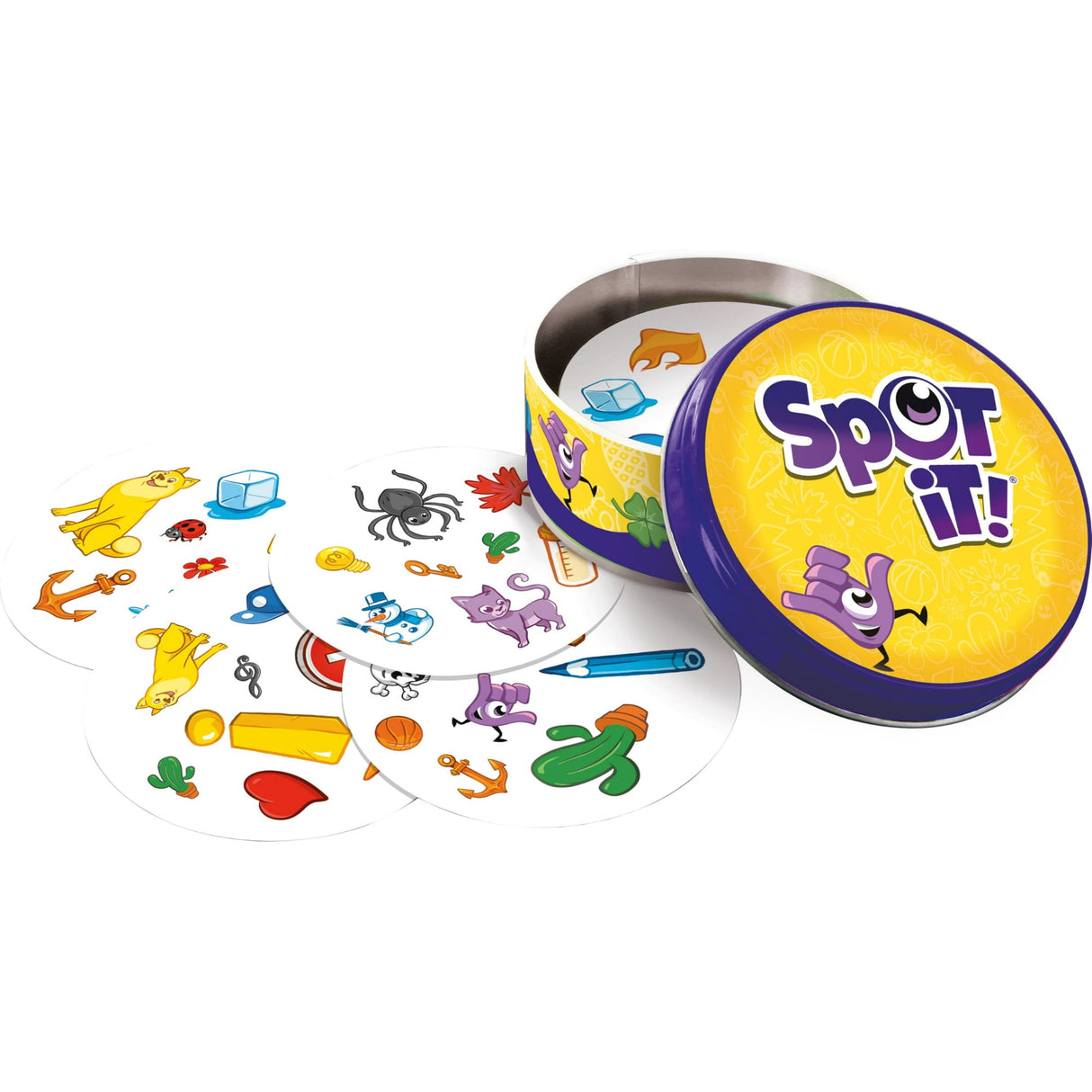 Spot It! matching game cards with colorful symbols next to a round yellow and purple metal tin container