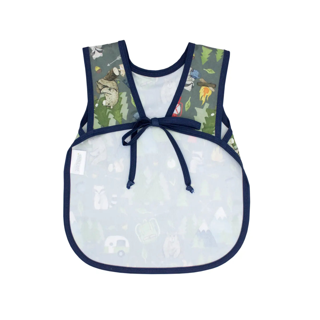 Bapron | Camping Bears 6M-3T waterproof baby bib-apron with full coverage and secure horizontal ties for toddlers.