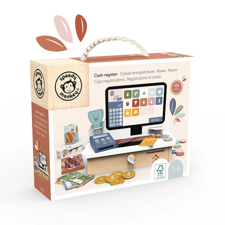 Colorful wooden cash register toy set with play money and scanner, designed for children ages 3 to 6 years old.