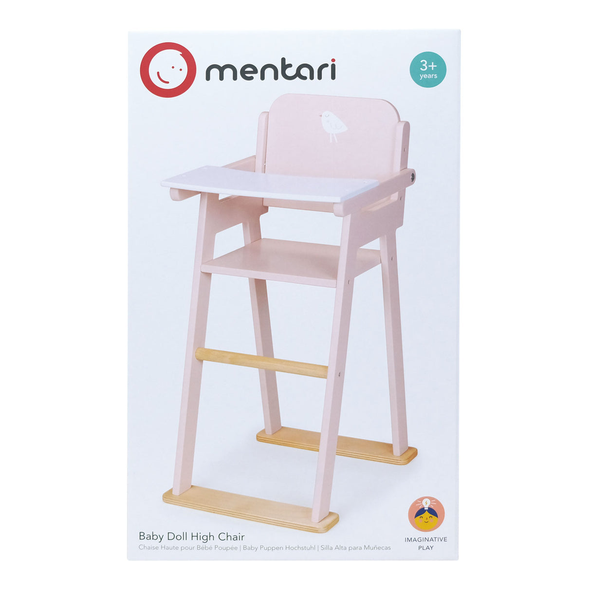 Wooden baby doll high chair in soft pastel colors designed for pretend play for children aged three and up