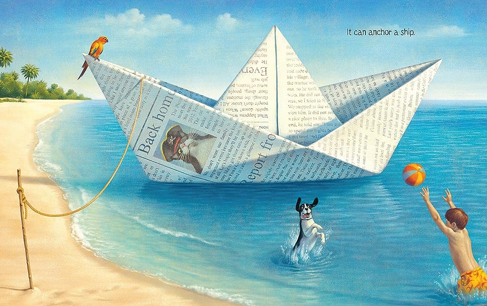 Illustration from What to Do With a Stick showing a boy playing with a boat made of newspaper anchored by a stick at the beach.