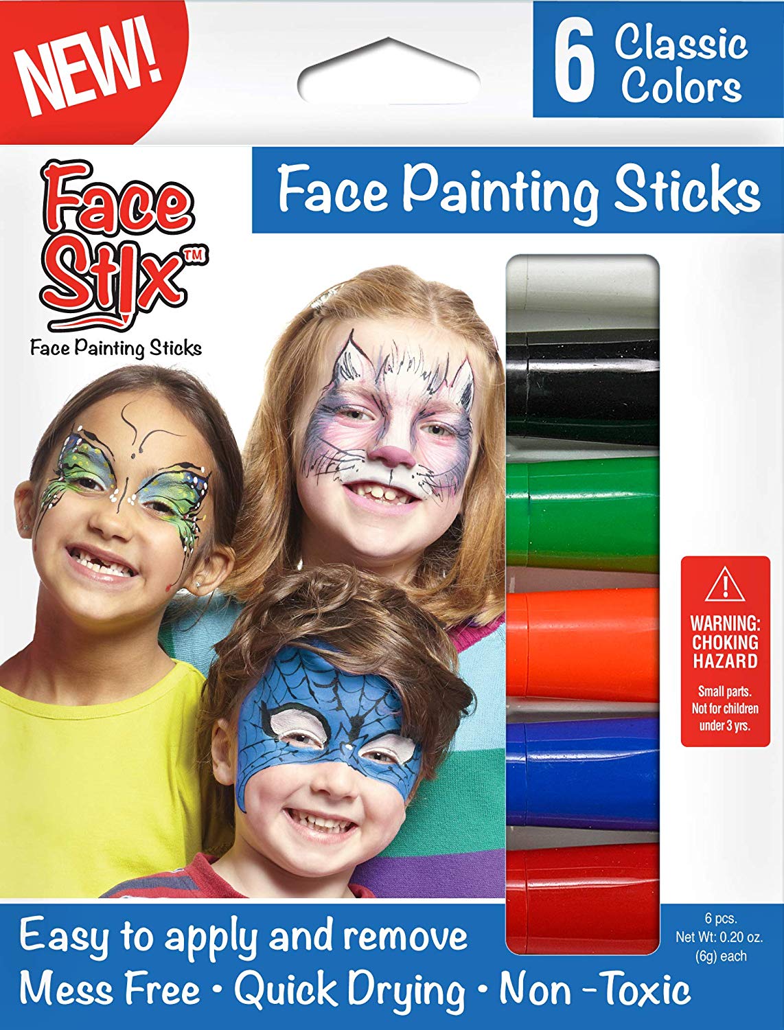 Face Stix Facepainting Sticks pack with six vibrant colors and kids with fun face paint designs smiling.