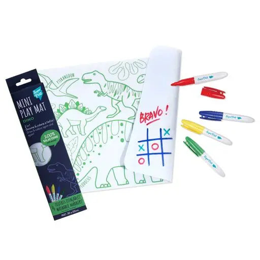 Mini Play Mat Dino reversible silicone drawing mat with dinosaur theme and four colorful markers for kids.