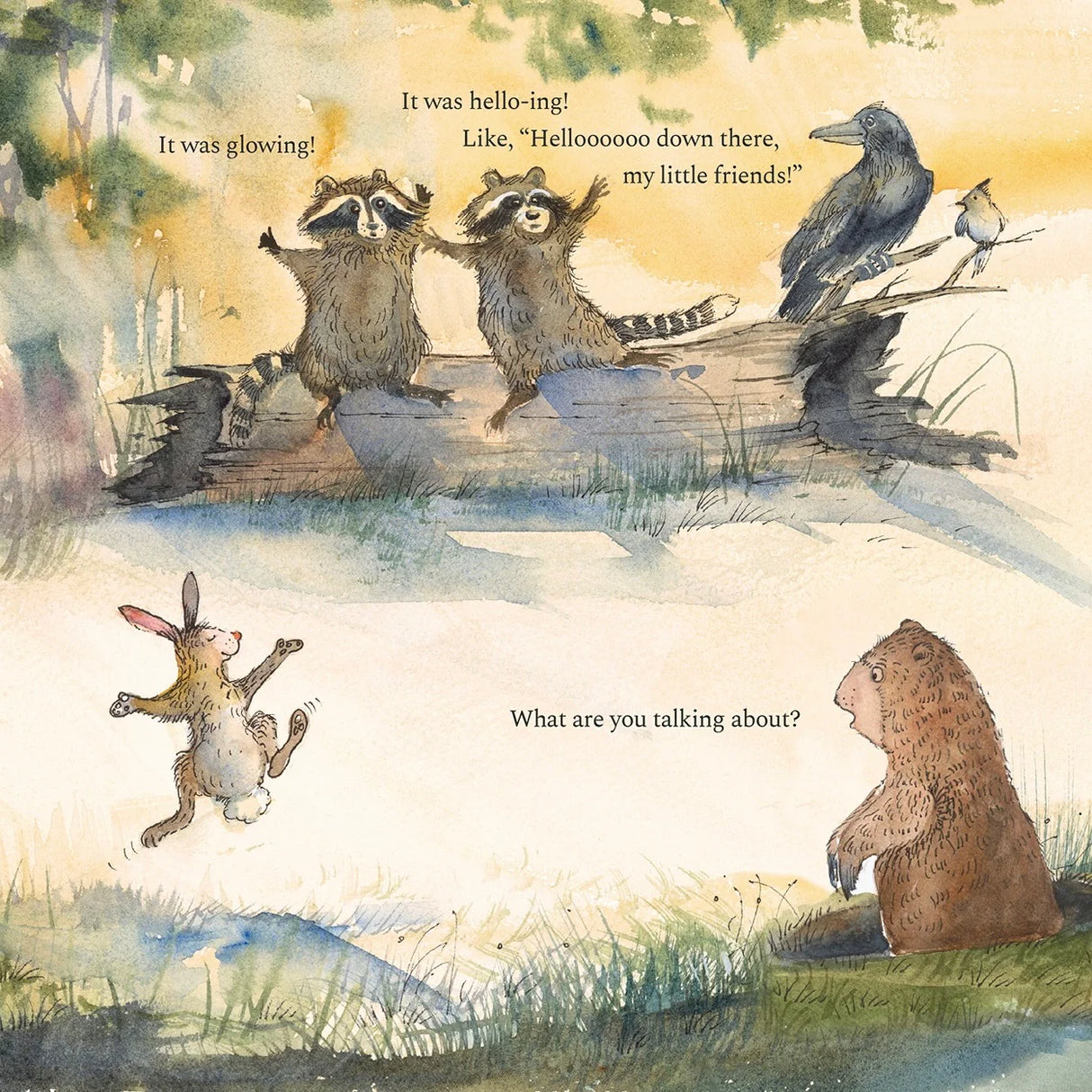 The Moon Over Malibu Maine watercolor scene with playful raccoons, birds, rabbit, and bear in a woodland setting.