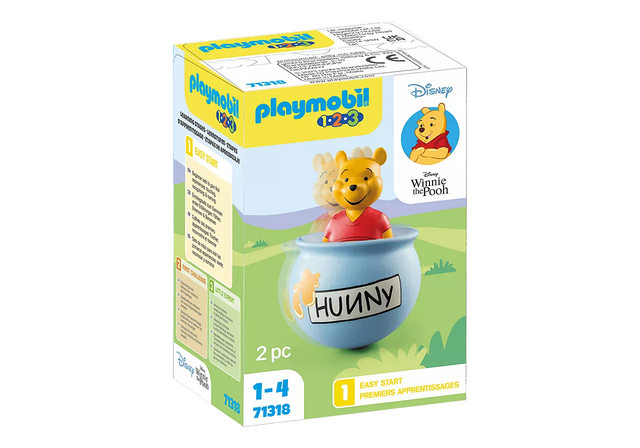123 Winnie's Wobbly Honey Pot toy packaging featuring Winnie the Pooh figure and stand-up honeypot.
